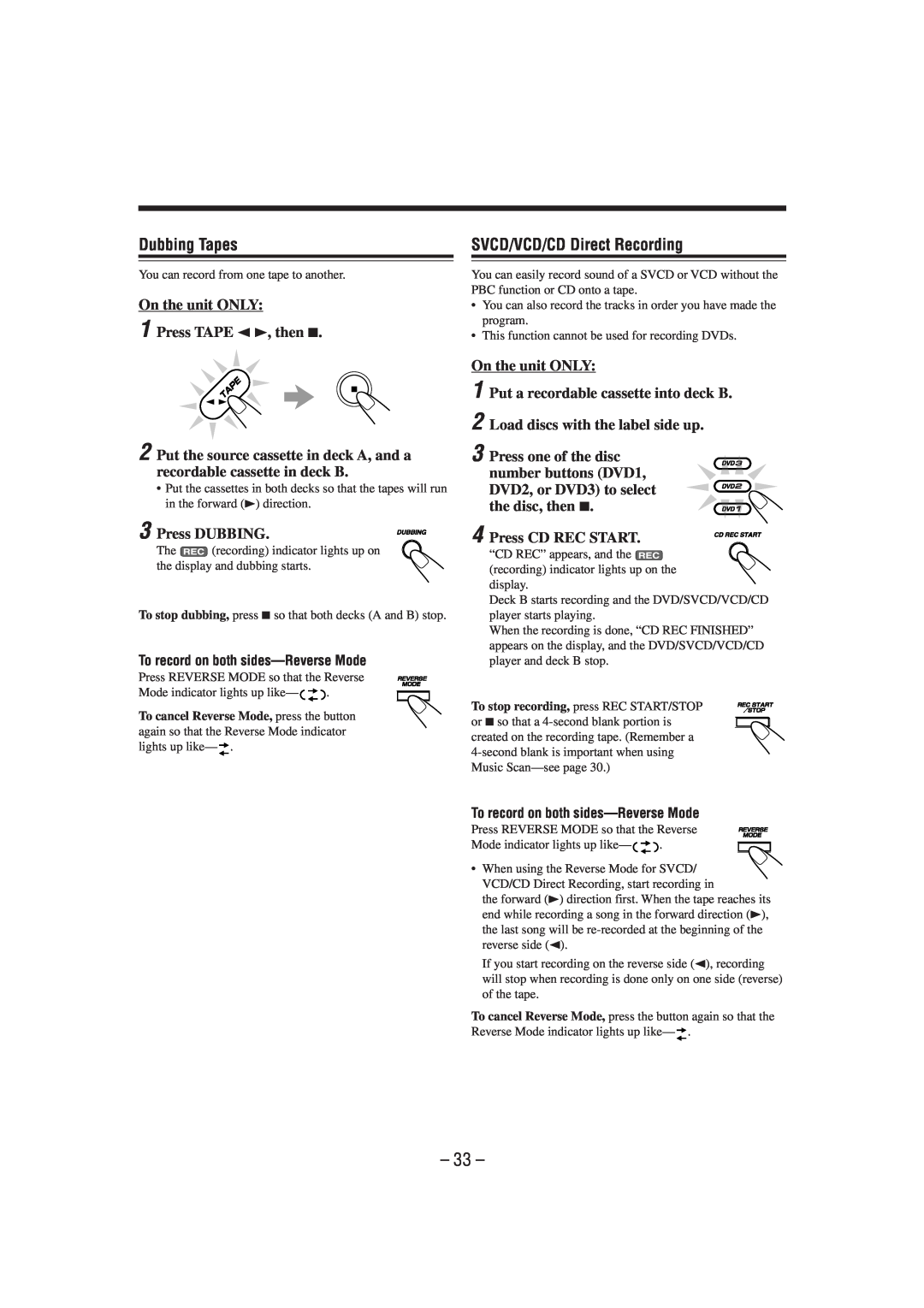 JVC CA-MXDVA9, CA-MXDVB10 manual Dubbing Tapes, SVCD/VCD/CD Direct Recording, To record on both sides-ReverseMode 