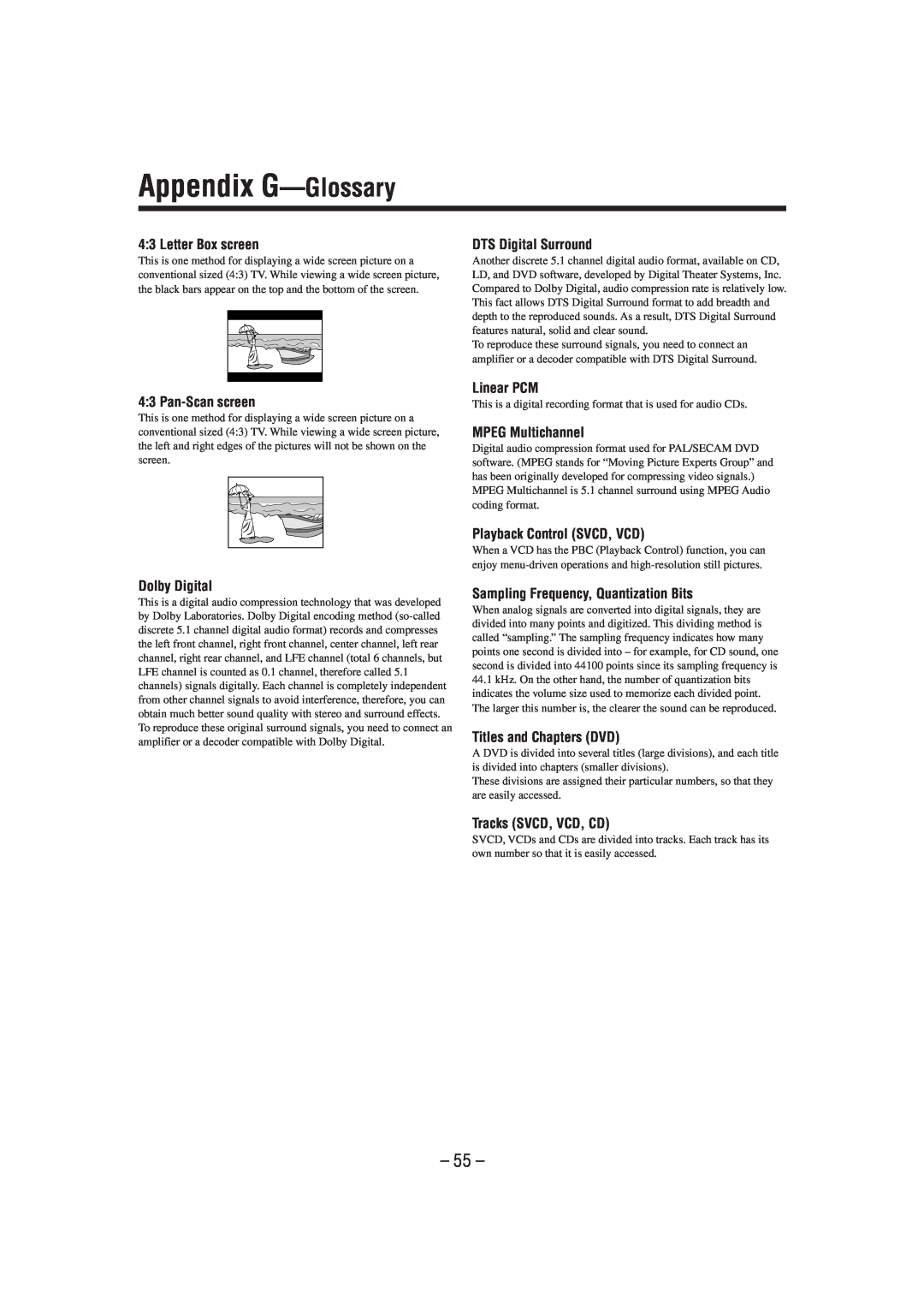 JVC CA-MXDVA9 manual Appendix G-Glossary, 4 3 Letter Box screen, DTS Digital Surround, 4 3 Pan-Scanscreen, Dolby Digital 