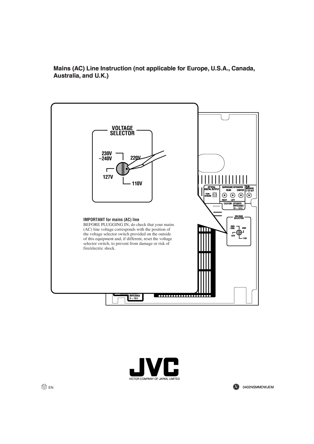 JVC CA-MXDVA9, CA-MXDVB10 manual 230V, 240V, 127V, Voltage, Selector, IMPORTANT for mains AC line 