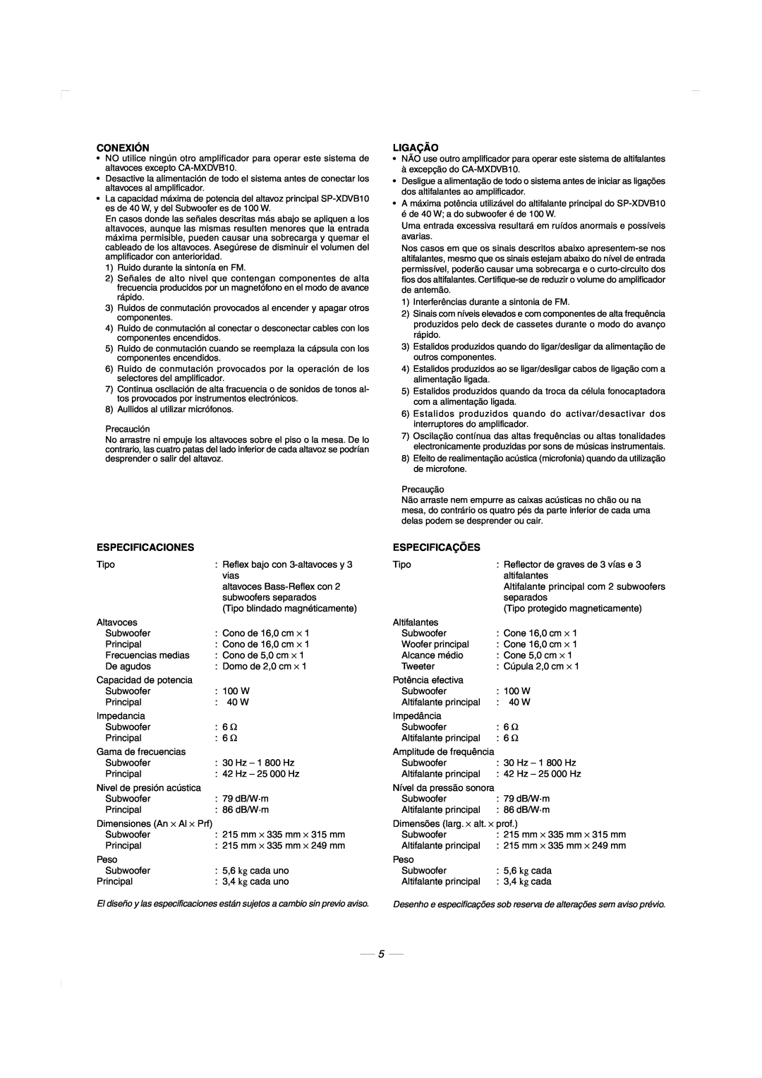 JVC CA-MXDVB10, CA-MXDVA9 manual Conexión, Ligação, Especificaciones, Especificações 
