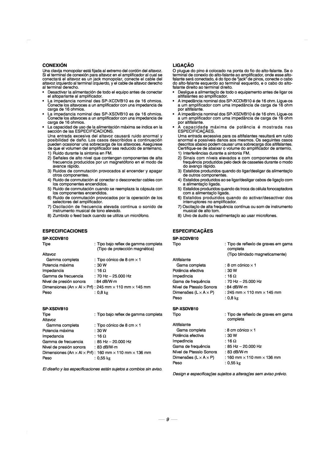 JVC CA-MXDVB10, CA-MXDVA9 manual Conexión, Ligação, Especificaciones, Especificaçães, SP-XCDVB10, SP-XSDVB10 