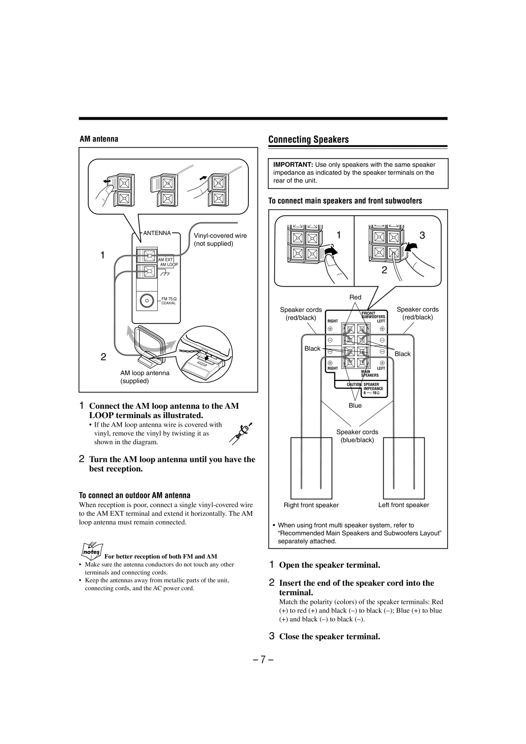 JVC CA-MXDVA9 Connecting Speakers, Turn the AM loop antenna until you have the best reception, Close the speaker terminal 