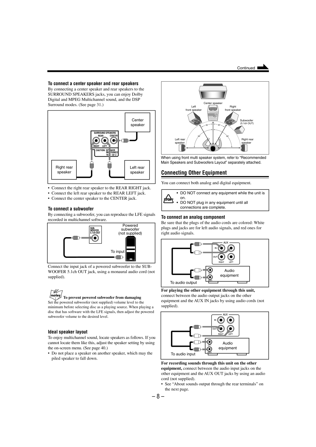 JVC CA-MXDVA9 manual Connecting Other Equipment, To connect a center speaker and rear speakers, To connect a subwoofer 