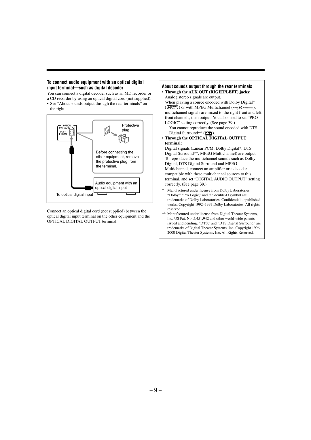 JVC CA-MXDVA9 manual About sounds output through the rear terminals, Through the Optical Digital Output terminal 