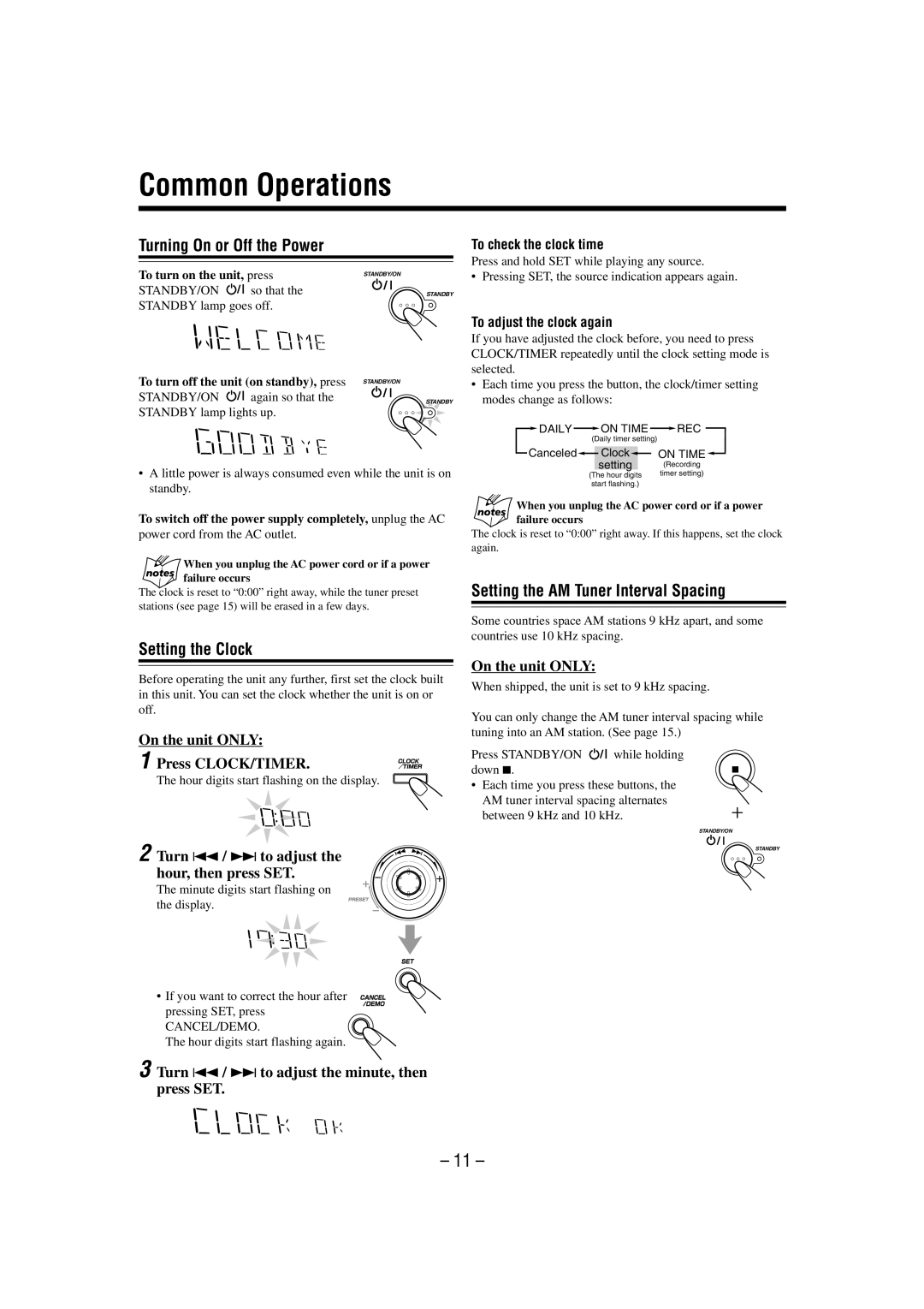 JVC CA-MXDVA9 Common Operations, Turning On or Off the Power, Setting the Clock, Setting the AM Tuner Interval Spacing 