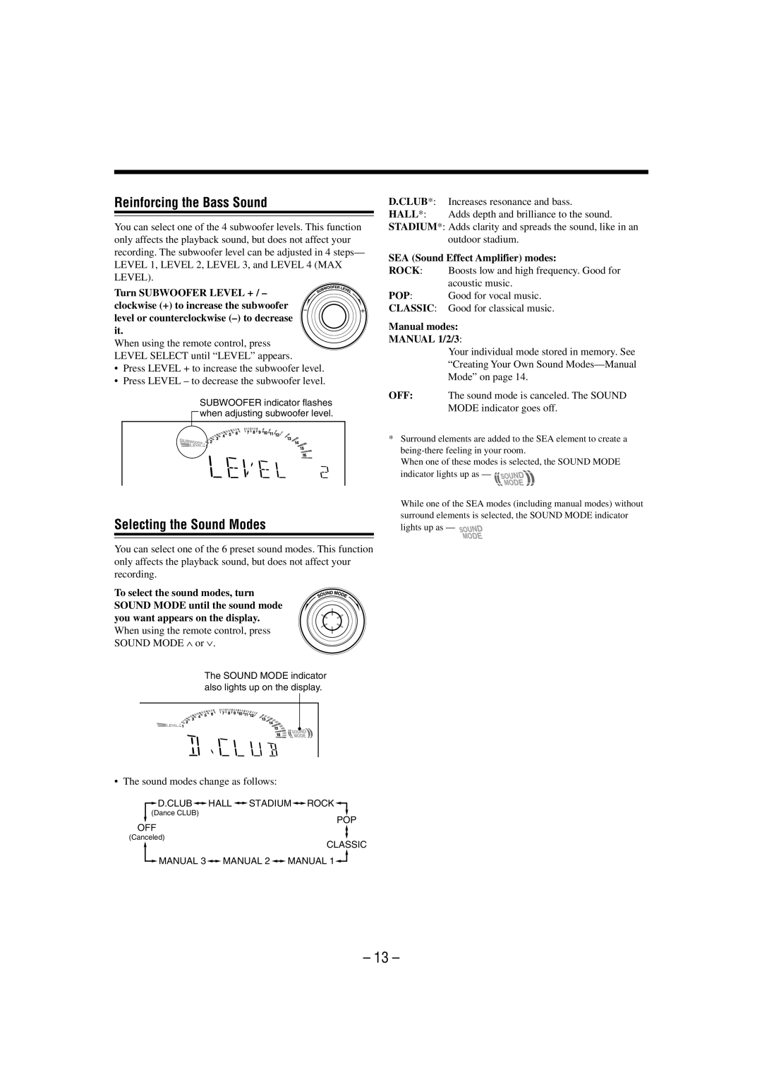 JVC CA-MXDVA9 manual Reinforcing the Bass Sound, Selecting the Sound Modes, SEA Sound Effect Amplifier modes 