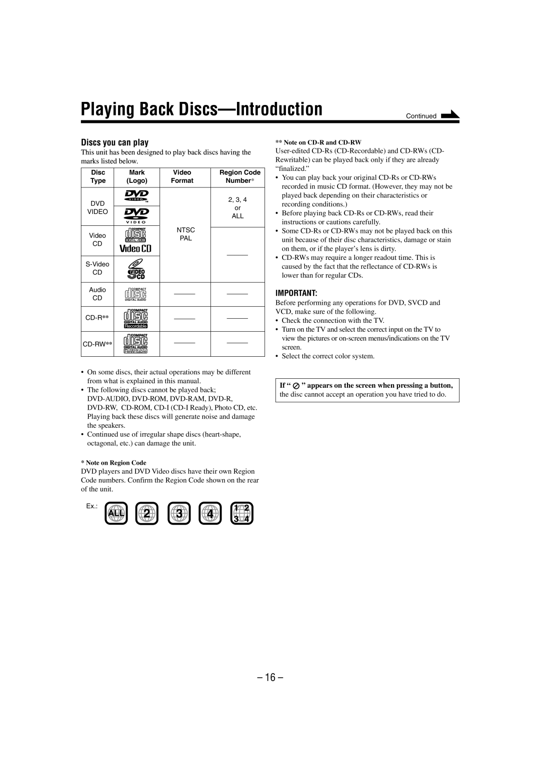 JVC CA-MXDVA9 manual Playing Back Discs-Introduction, If appears on the screen when pressing a button 