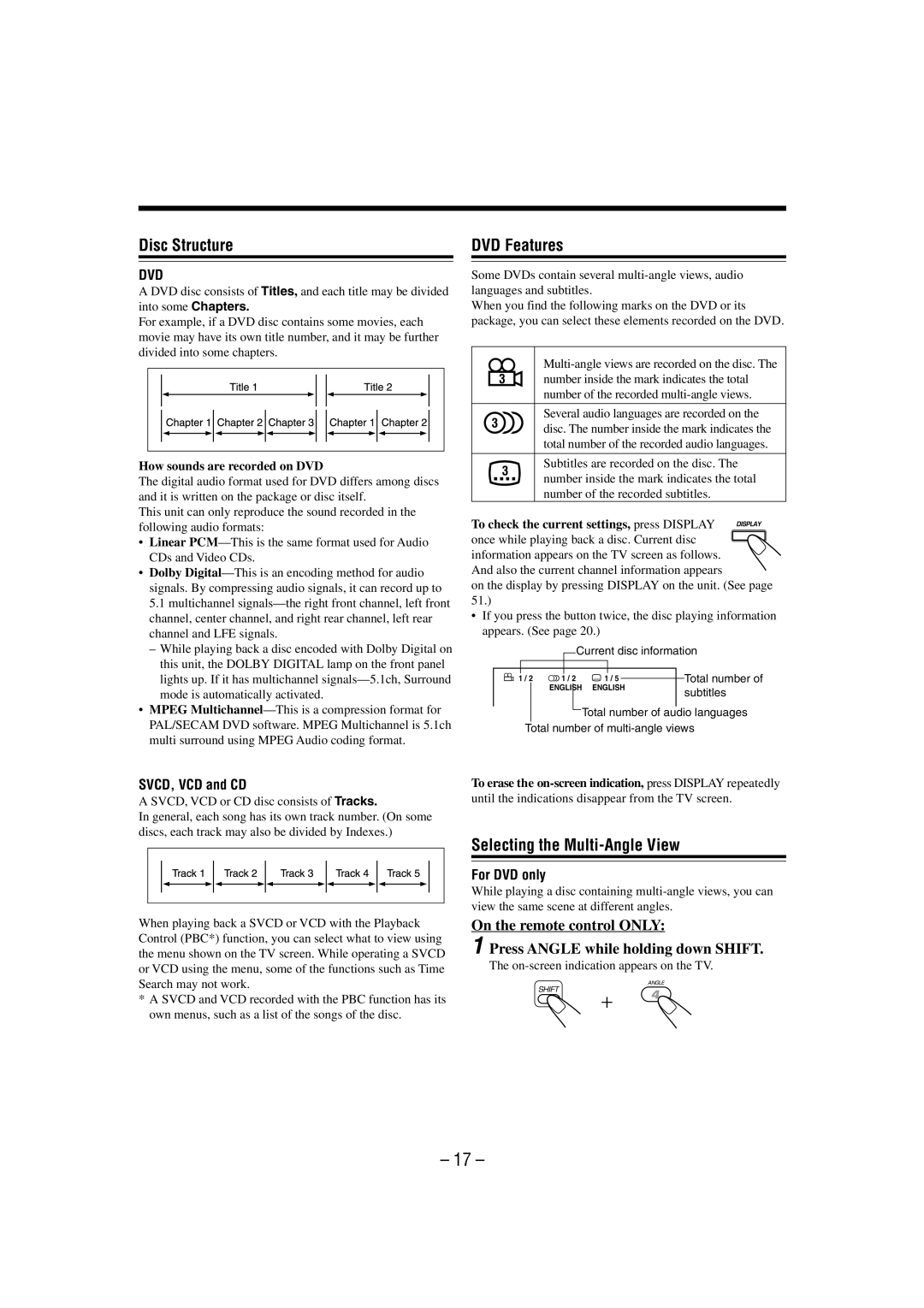 JVC CA-MXDVA9 manual Disc Structure, DVD Features, Selecting the Multi-Angle View, SVCD, VCD and CD, For DVD only 