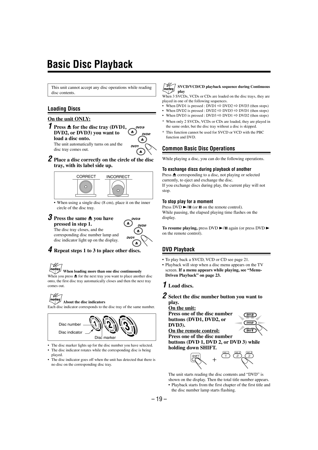 JVC CA-MXDVA9 manual Basic Disc Playback, Loading Discs, Common Basic Disc Operations, DVD Playback 