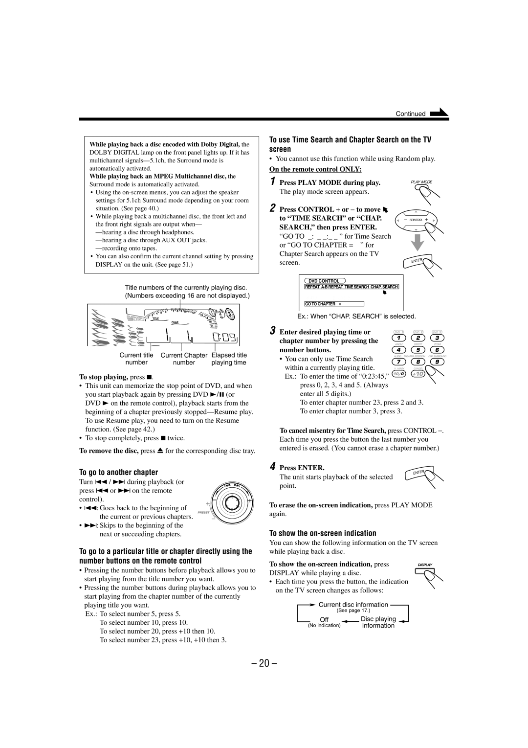 JVC CA-MXDVA9 manual To use Time Search and Chapter Search on the TV screen, To show the on-screen indication 