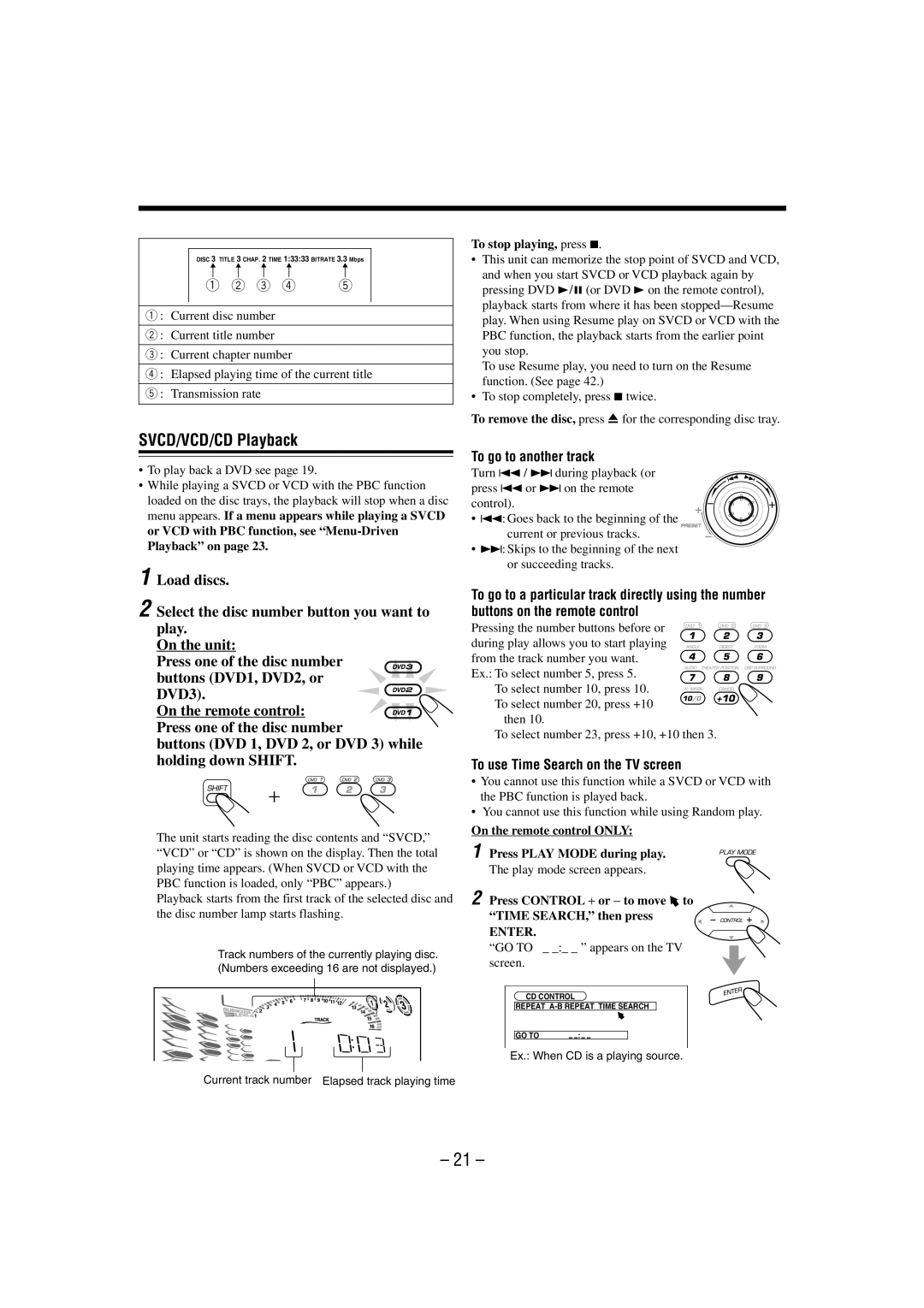 JVC CA-MXDVA9 manual SVCD/VCD/CD Playback, To go to another track, To use Time Search on the TV screen 