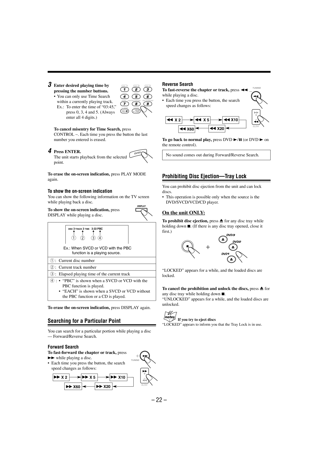 JVC CA-MXDVA9 manual Searching for a Particular Point, Prohibiting Disc Ejection-Tray Lock, Forward Search, Reverse Search 