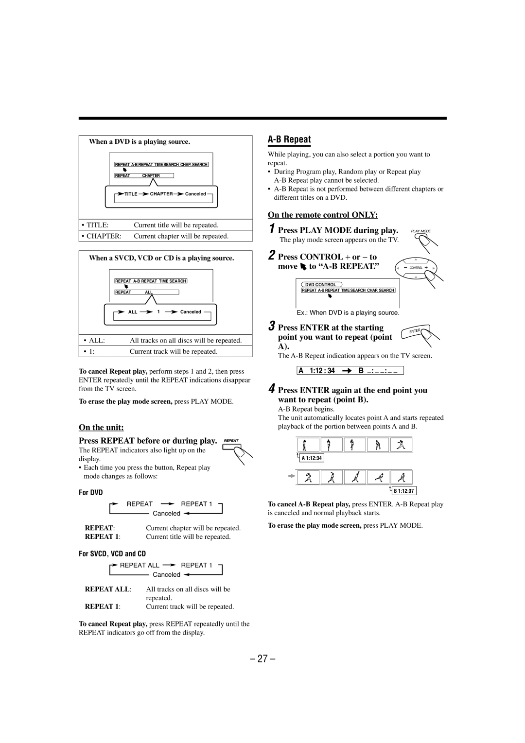 JVC CA-MXDVA9 manual On the unit Press Repeat before or during play, On the remote control only 