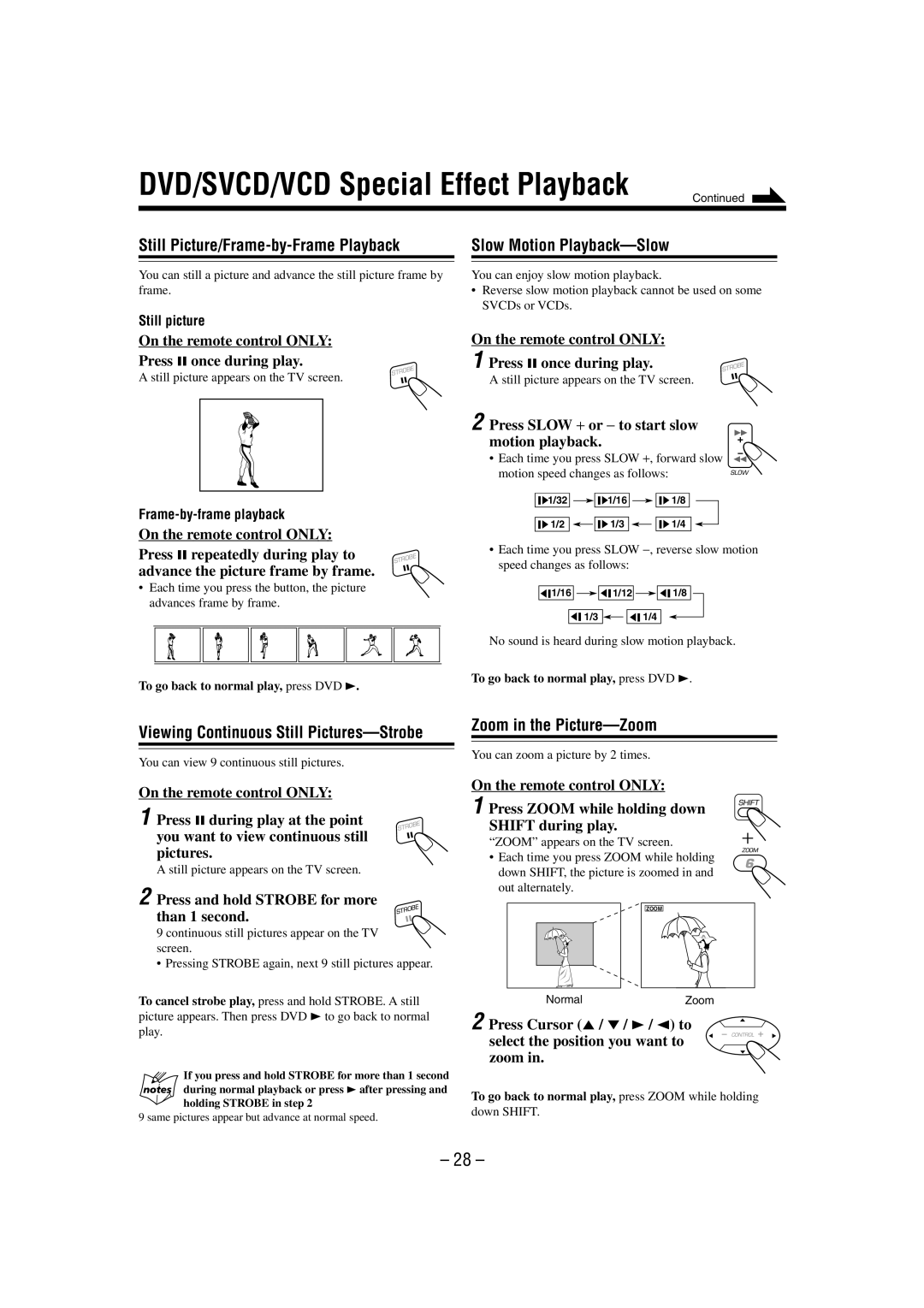 JVC CA-MXDVA9 manual DVD/SVCD/VCD Special Effect Playback, Still Picture/Frame-by-Frame Playback, Slow Motion Playback-Slow 