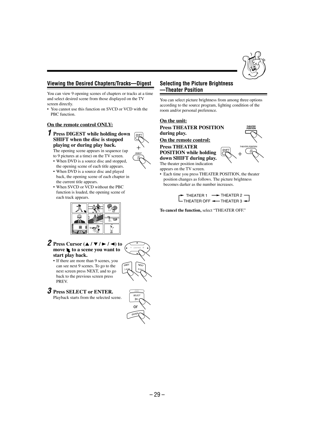 JVC CA-MXDVA9 manual Selecting the Picture Brightness Theater Position, Press Select or Enter 