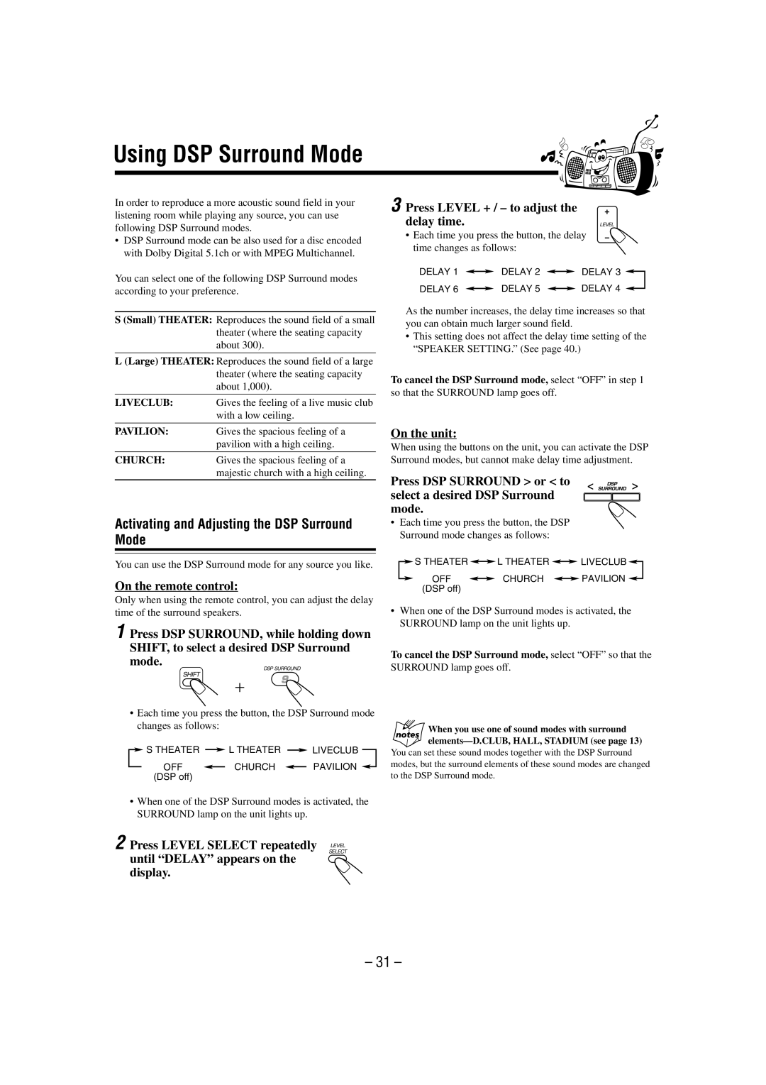 JVC CA-MXDVA9 Activating and Adjusting the DSP Surround Mode, Press DSP Surround or to select a desired DSP Surround mode 