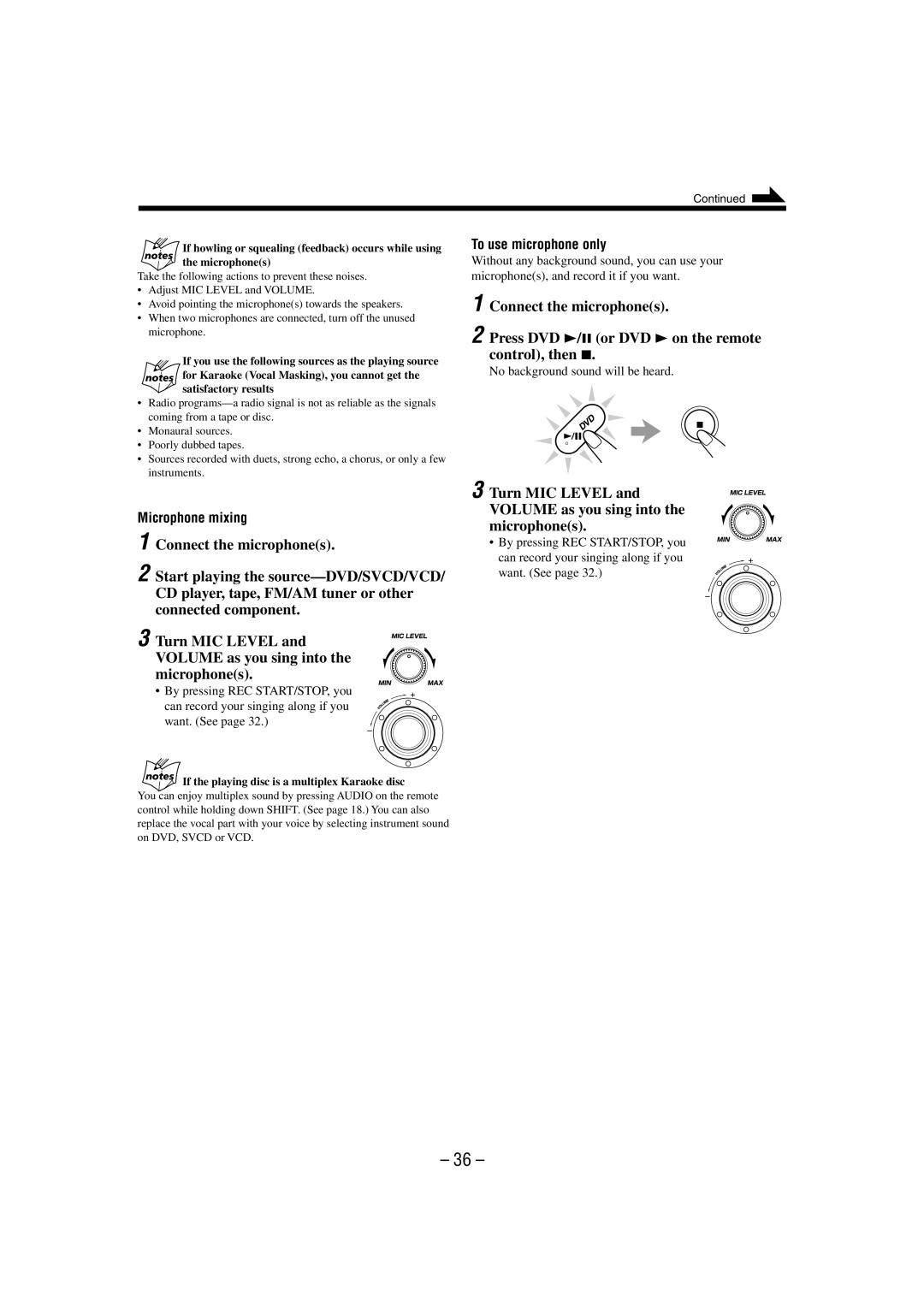 JVC CA-MXDVA9 manual Microphone mixing, To use microphone only, No background sound will be heard 