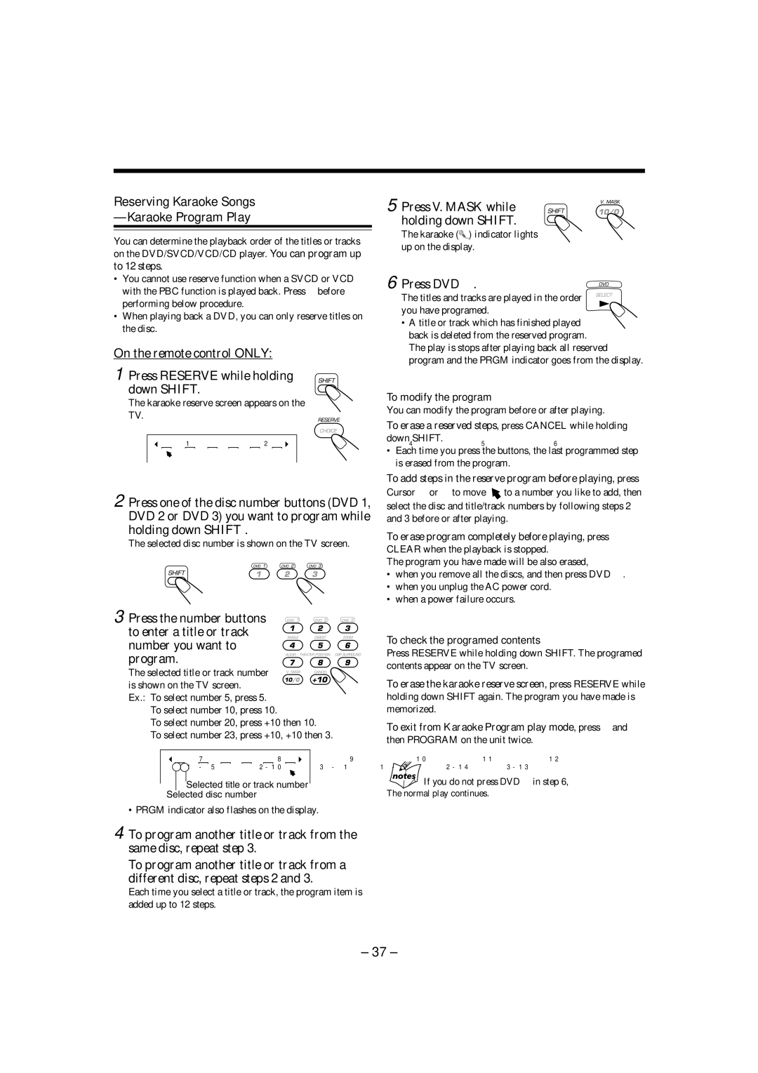 JVC CA-MXDVA9 manual Reserving Karaoke Songs Karaoke Program Play, Press V. Mask while Holding down Shift, To 12 steps 