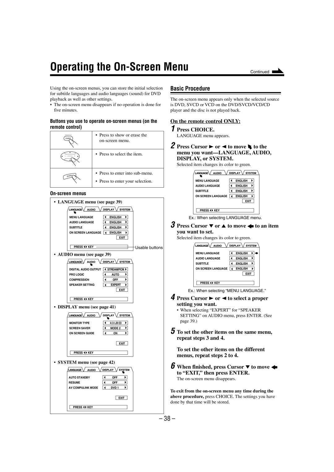 JVC CA-MXDVA9 manual Operating the On-Screen Menu, Basic Procedure, On the remote control only Press Choice 