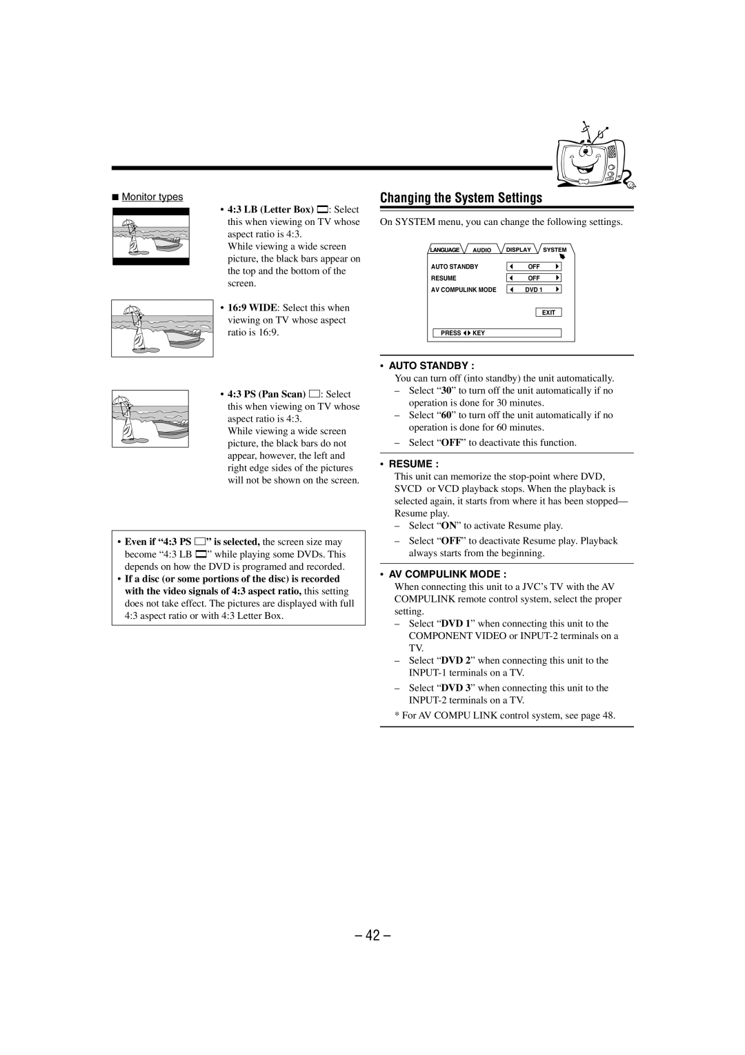 JVC CA-MXDVA9 Changing the System Settings, On System menu, you can change the following settings, Auto Standby, Resume 