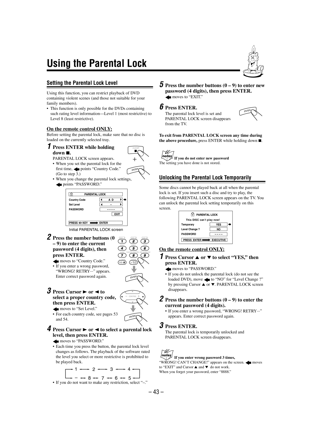 JVC CA-MXDVA9 manual Using the Parental Lock, Setting the Parental Lock Level, Unlocking the Parental Lock Temporarily 