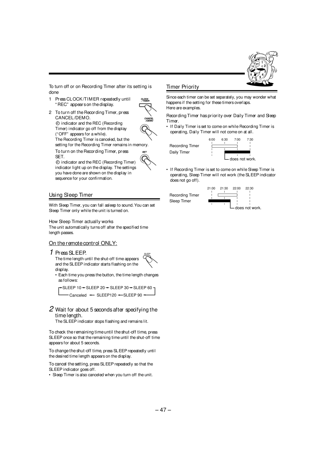 JVC CA-MXDVA9 manual Using Sleep Timer, Timer Priority, On the remote control only Press Sleep 