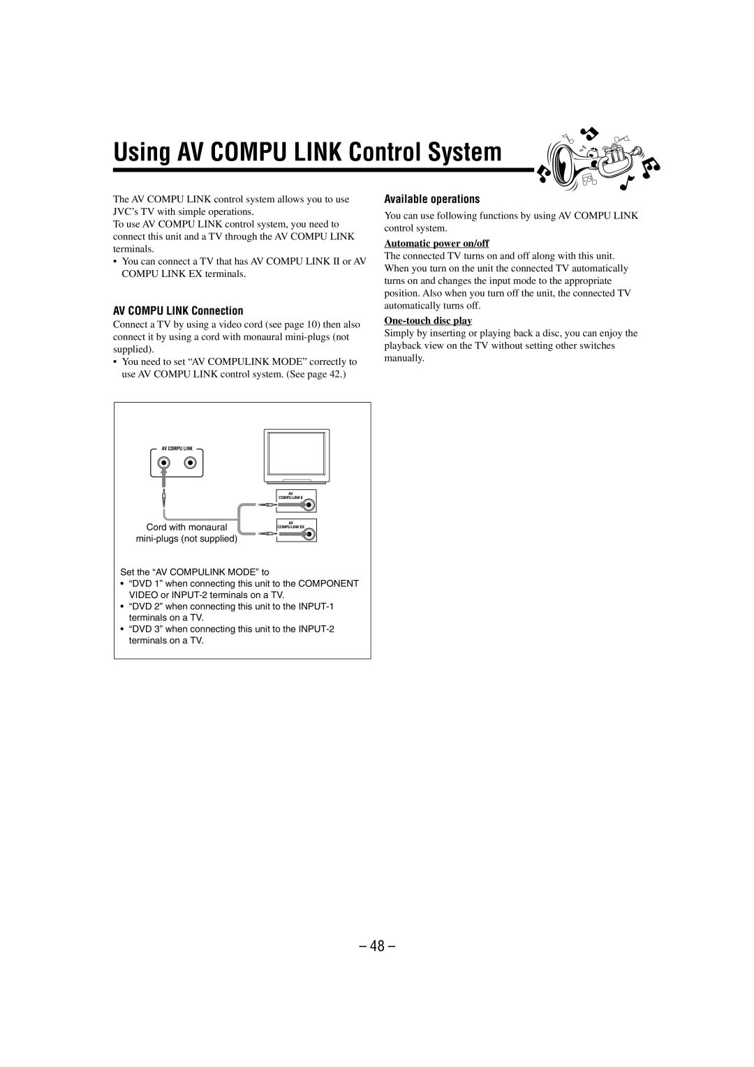 JVC CA-MXDVA9 Using AV Compu Link Control System, AV Compu Link Connection, Available operations, Automatic power on/off 