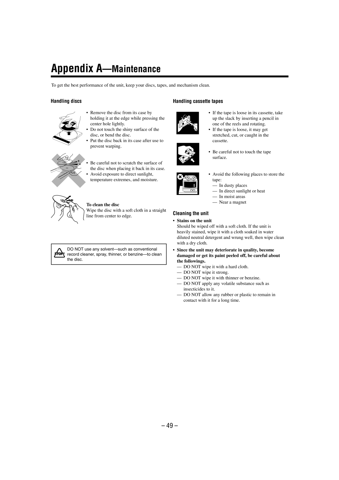 JVC CA-MXDVA9 manual Handling discs, Handling cassette tapes, Cleaning the unit, To clean the disc, Stains on the unit 