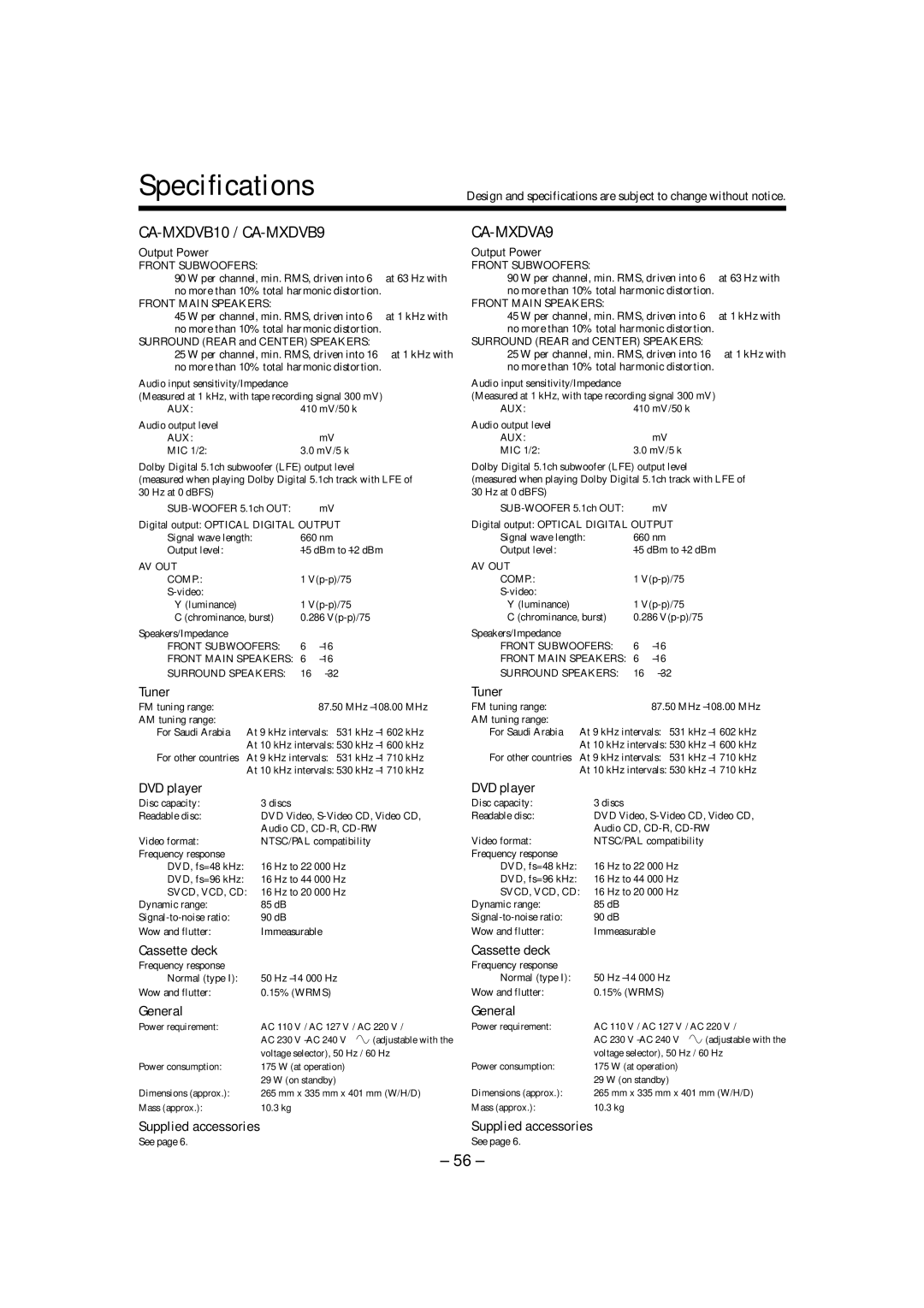 JVC CA-MXDVA9 manual Specifications 