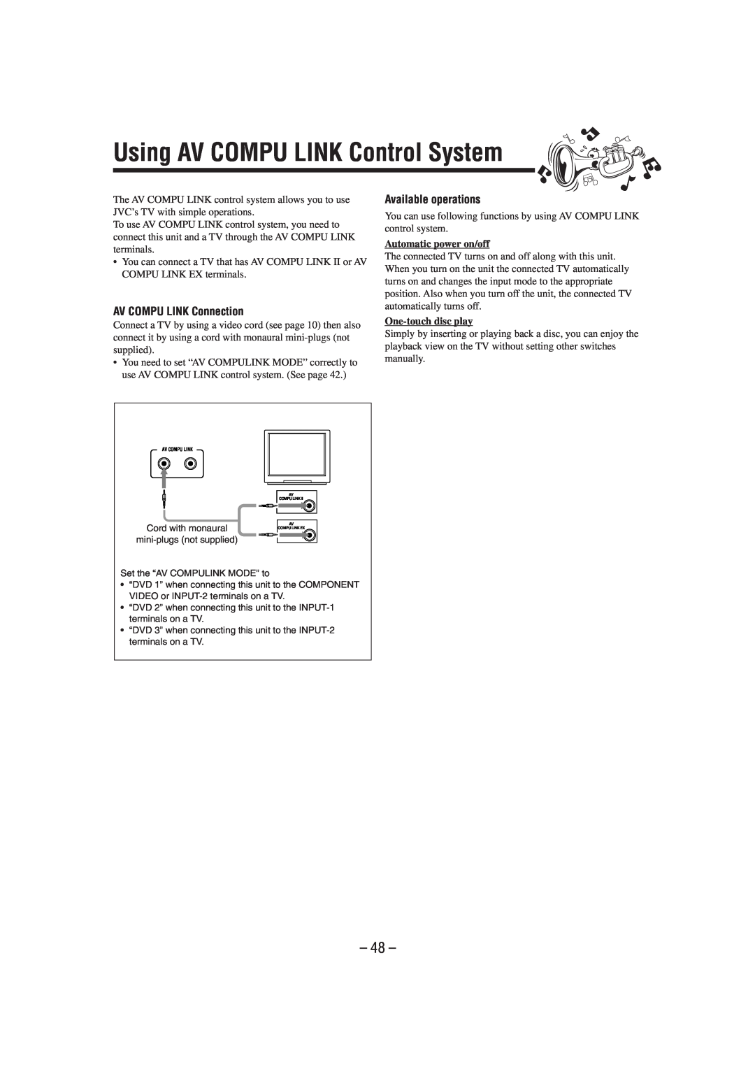 JVC CA-MXDVA9 Using AV COMPU LINK Control System, 48, AV COMPU LINK Connection, Available operations, One-touchdisc play 