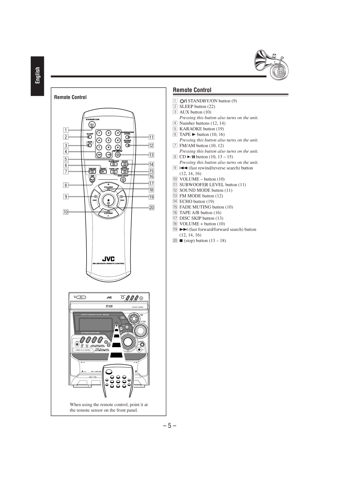 JVC CA-MXG50 manual Remote Control 