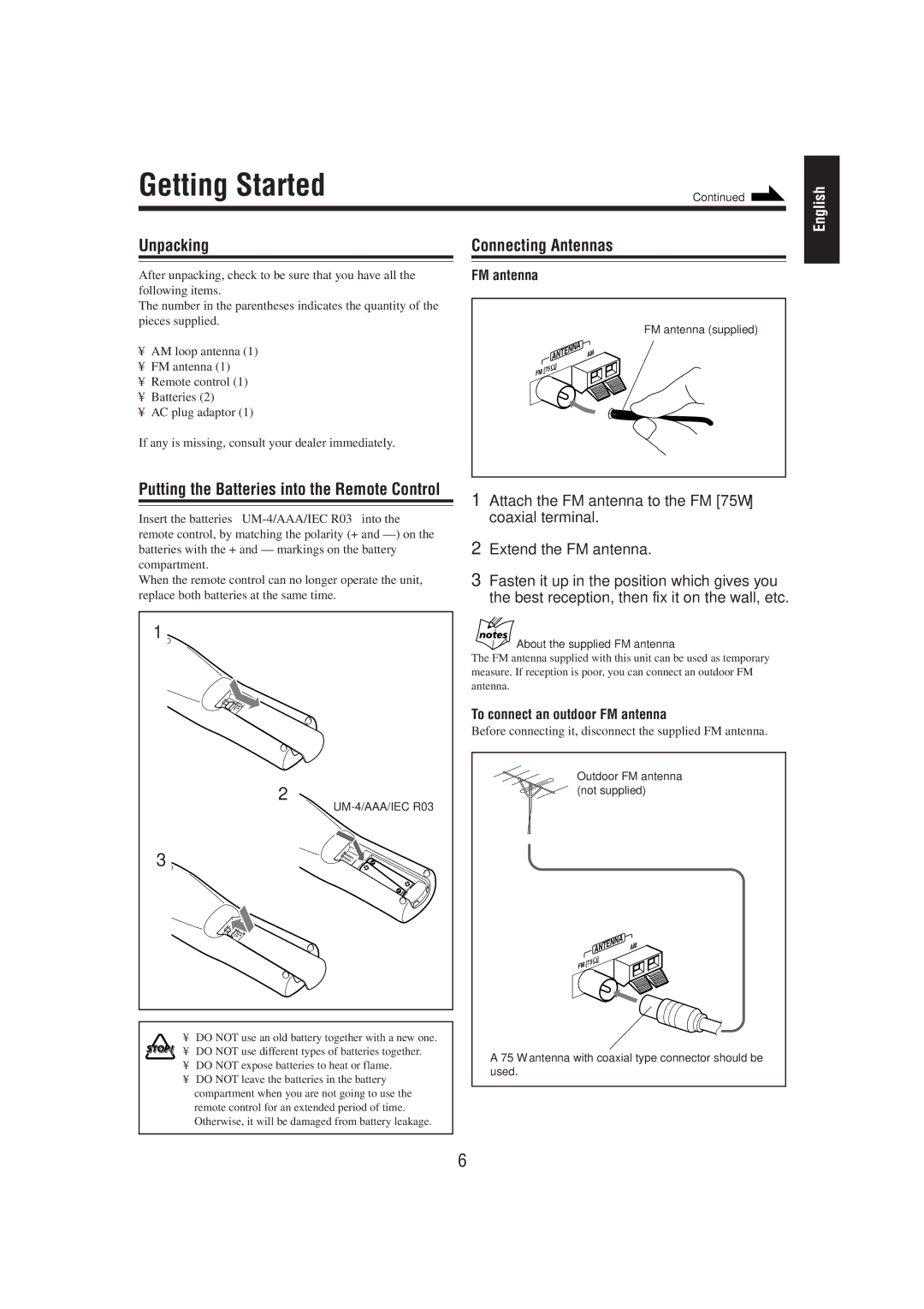 JVC CA-MXG50 manual Getting Started, Unpacking, Connecting Antennas, To connect an outdoor FM antenna 