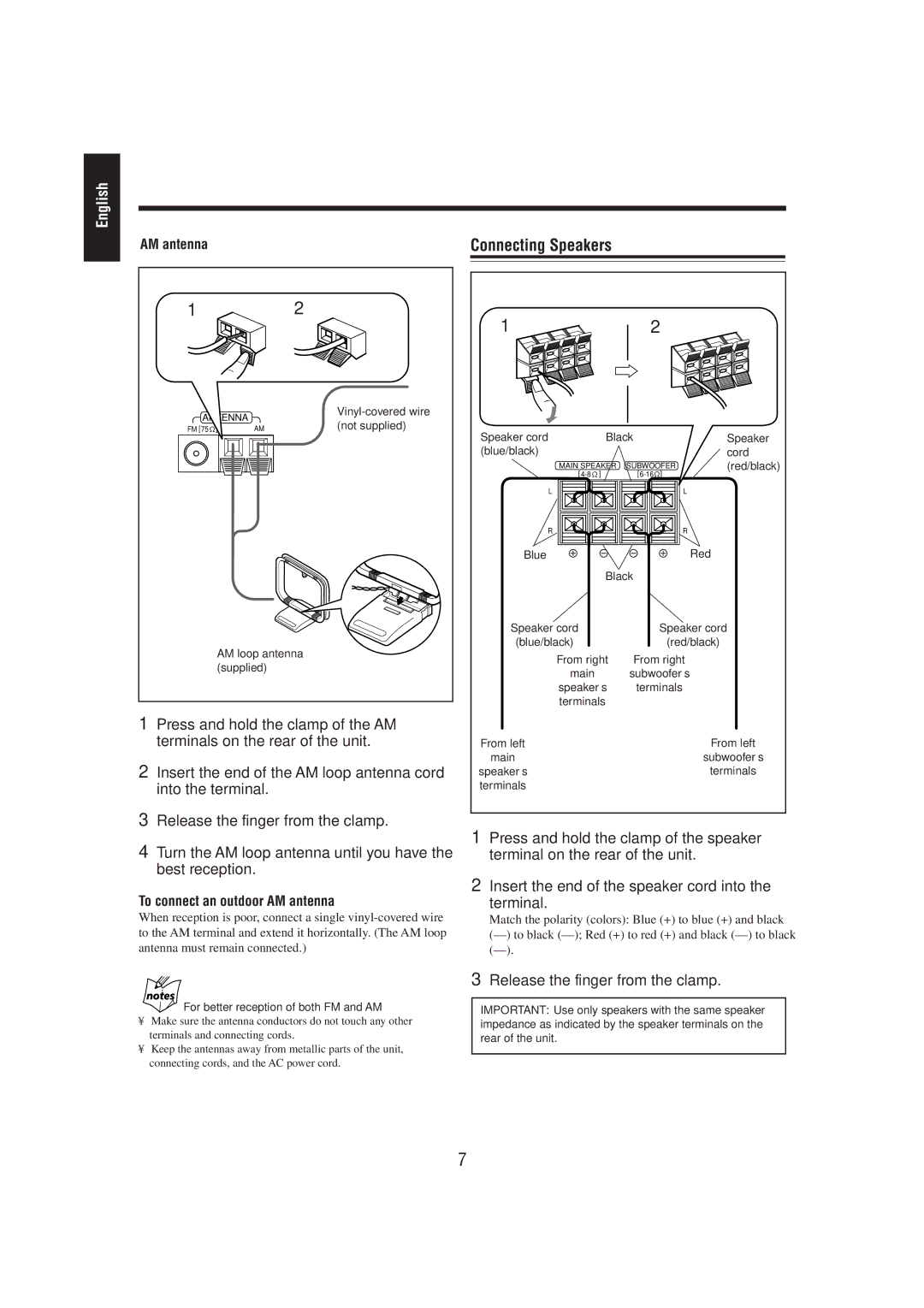 JVC CA-MXG50 manual Connecting Speakers, To connect an outdoor AM antenna, For better reception of both FM and AM 