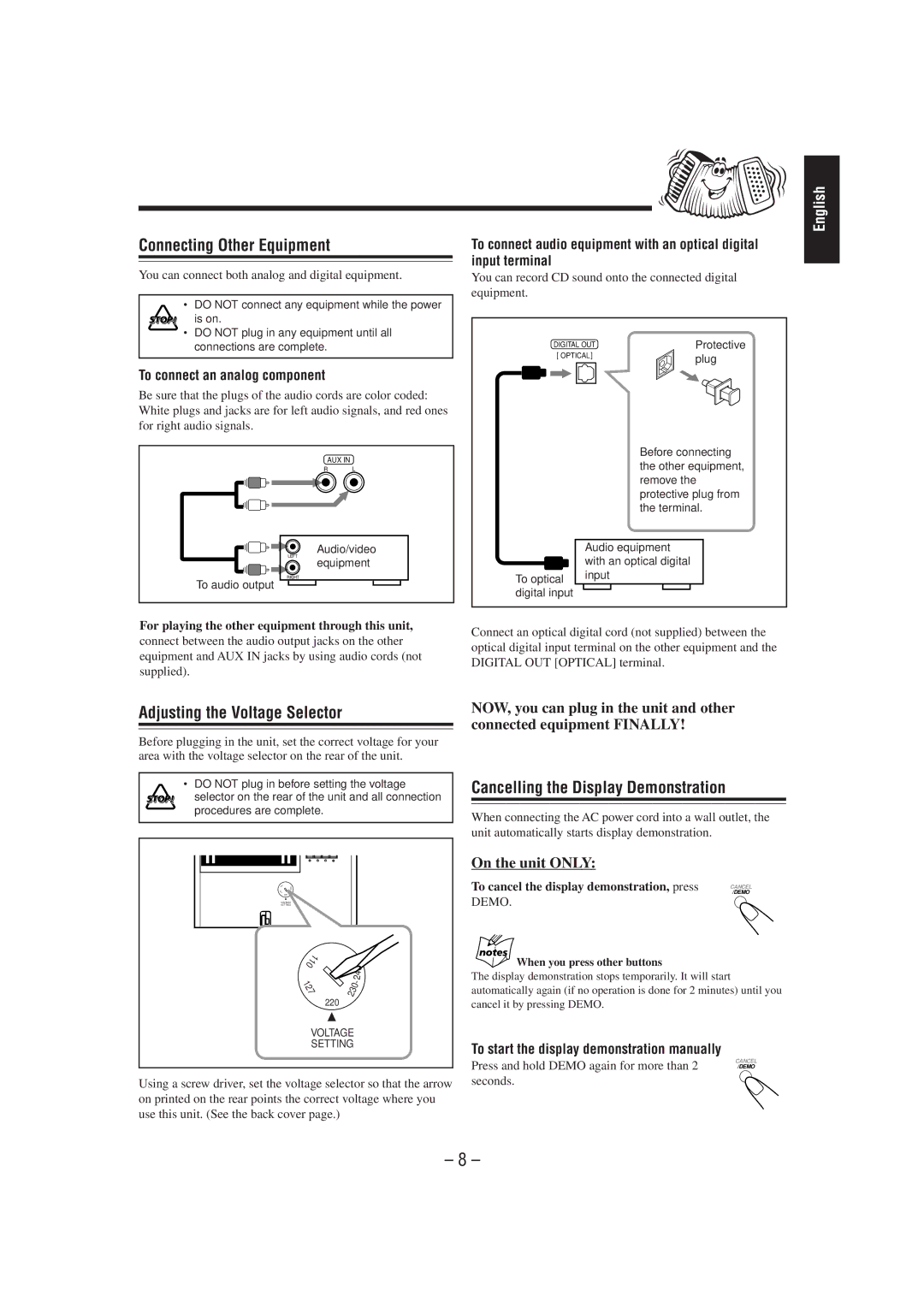 JVC CA-MXG50 manual Connecting Other Equipment, Adjusting the Voltage Selector, Cancelling the Display Demonstration 