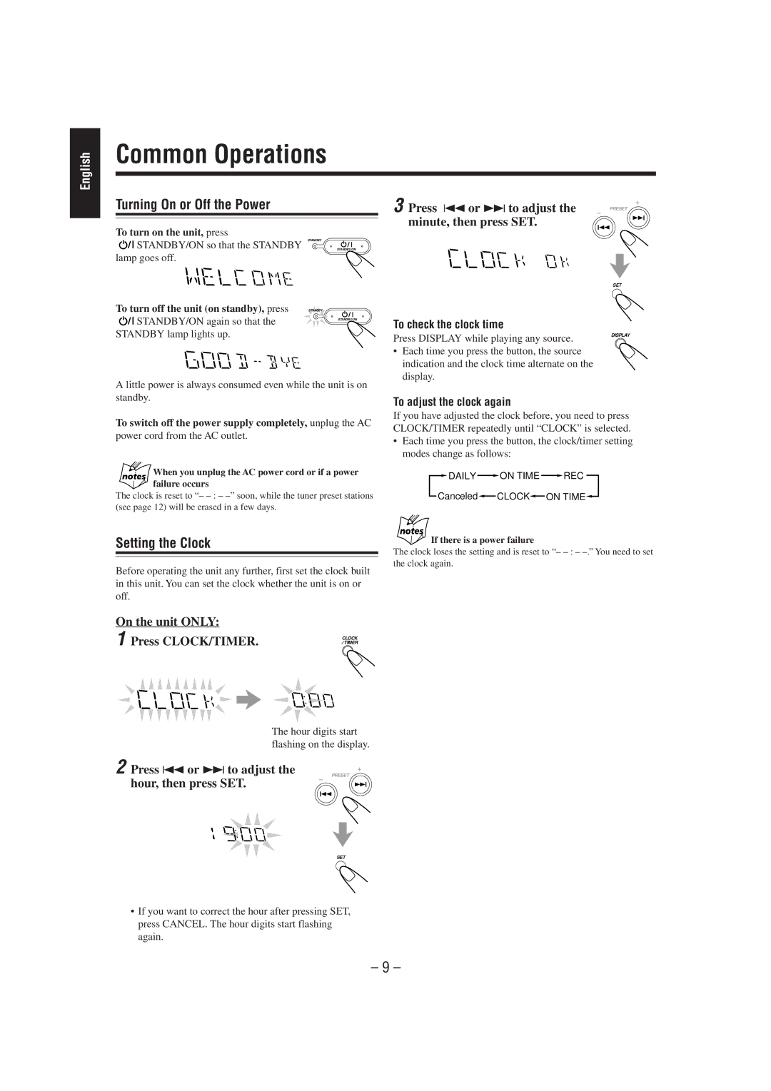 JVC CA-MXG50 manual Common Operations, Turning On or Off the Power, Setting the Clock, Press CLOCK/TIMER 