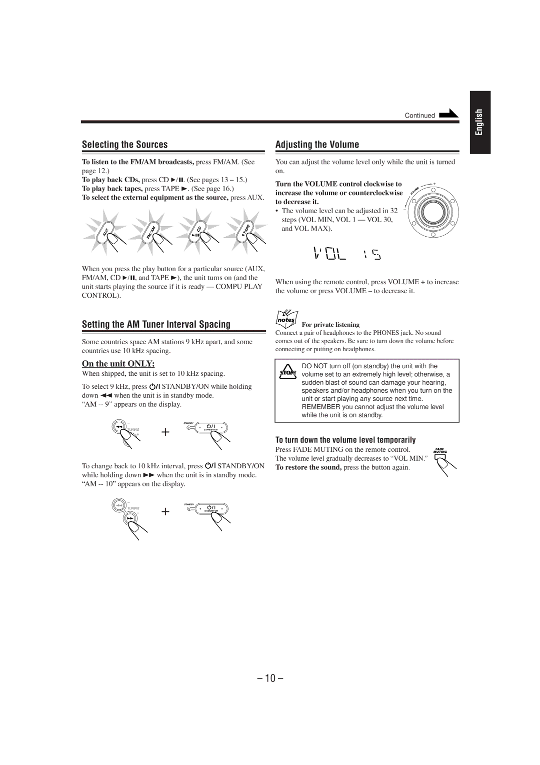 JVC CA-MXG50 manual Selecting the Sources Adjusting the Volume, Setting the AM Tuner Interval Spacing 