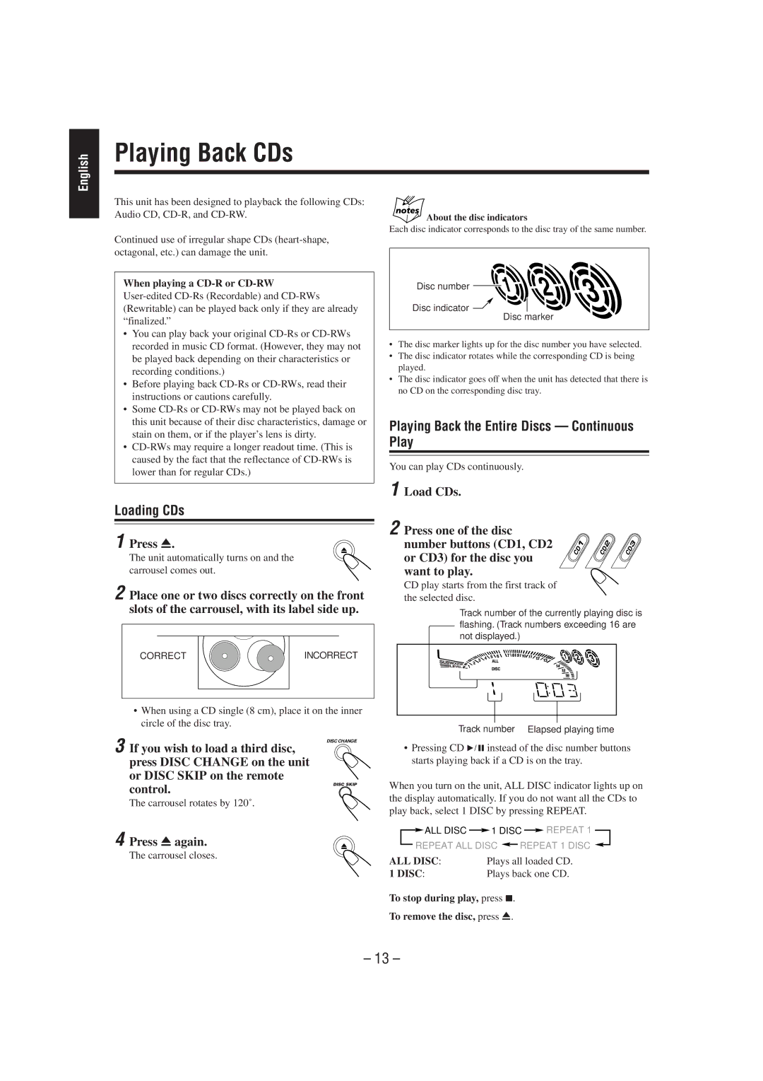 JVC CA-MXG50 manual Playing Back CDs, Loading CDs, Playing Back the Entire Discs Continuous Play 