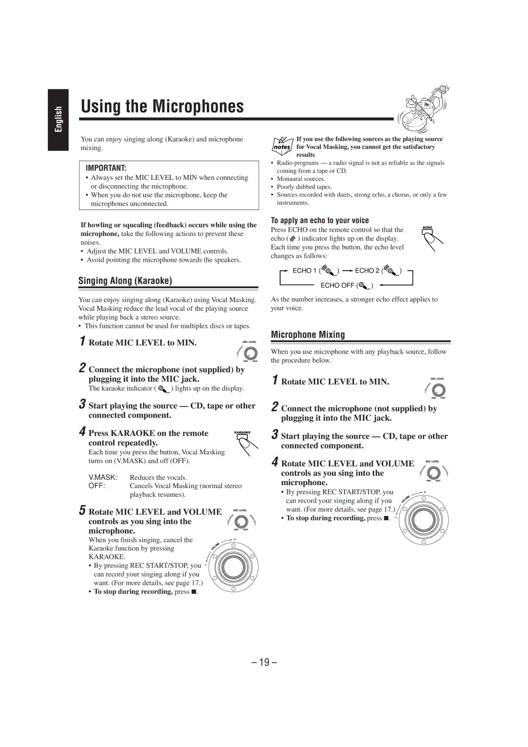 JVC CA-MXG50 manual Using the Microphones, Singing Along Karaoke, Microphone Mixing, To apply an echo to your voice 