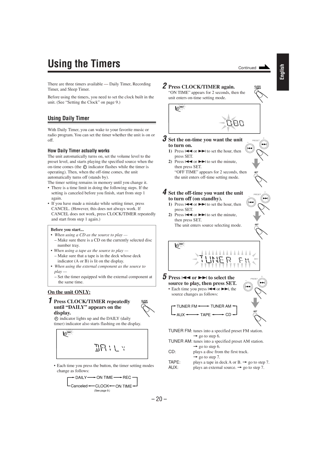 JVC CA-MXG50 manual Using the Timers, Using Daily Timer 