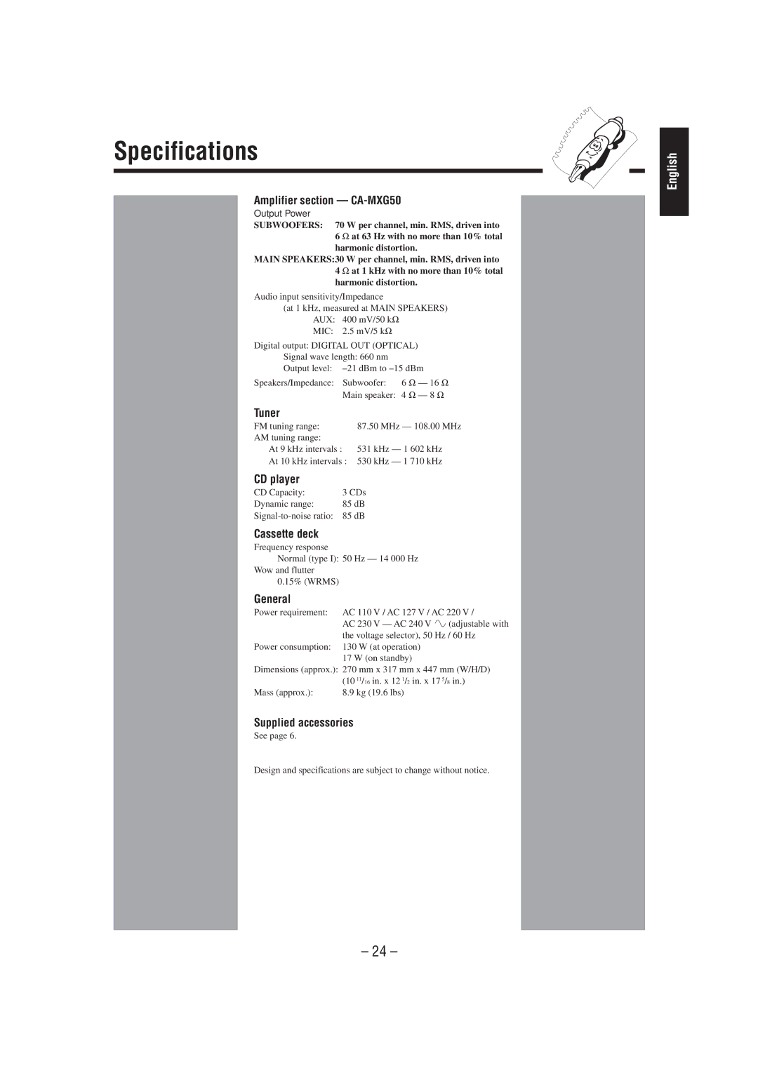 JVC CA-MXG50 manual Specifications 