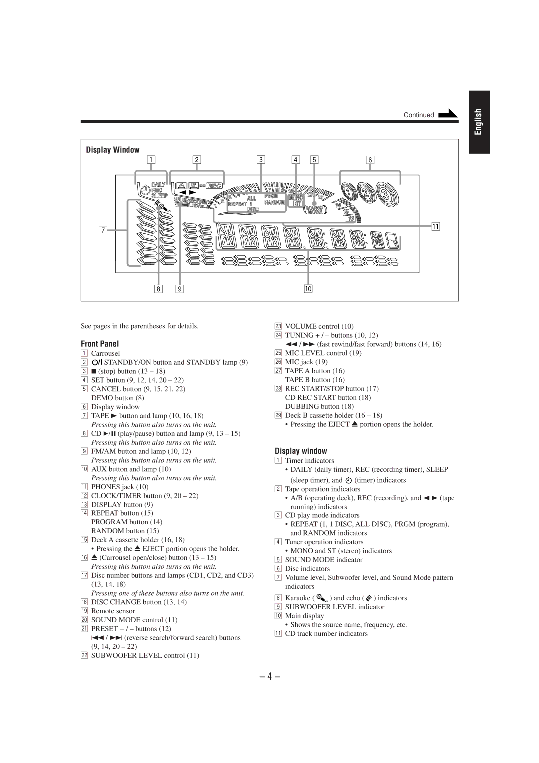 JVC CA-MXG50 manual Front Panel, Display window, See pages in the parentheses for details 