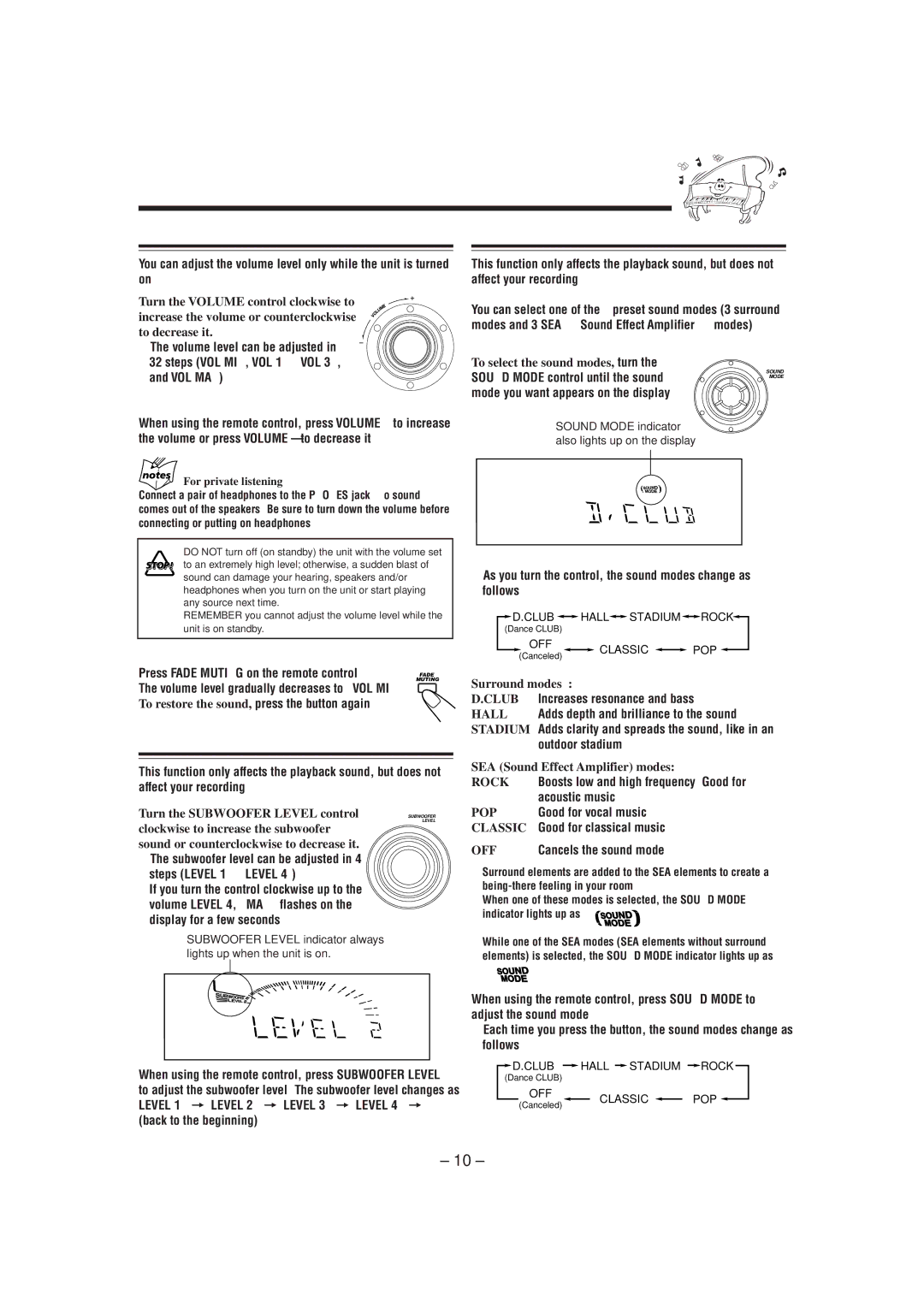 JVC CA-MXG51R manual Adjusting the Volume, Reinforcing the Bass Sound, Selecting the Sound Modes 