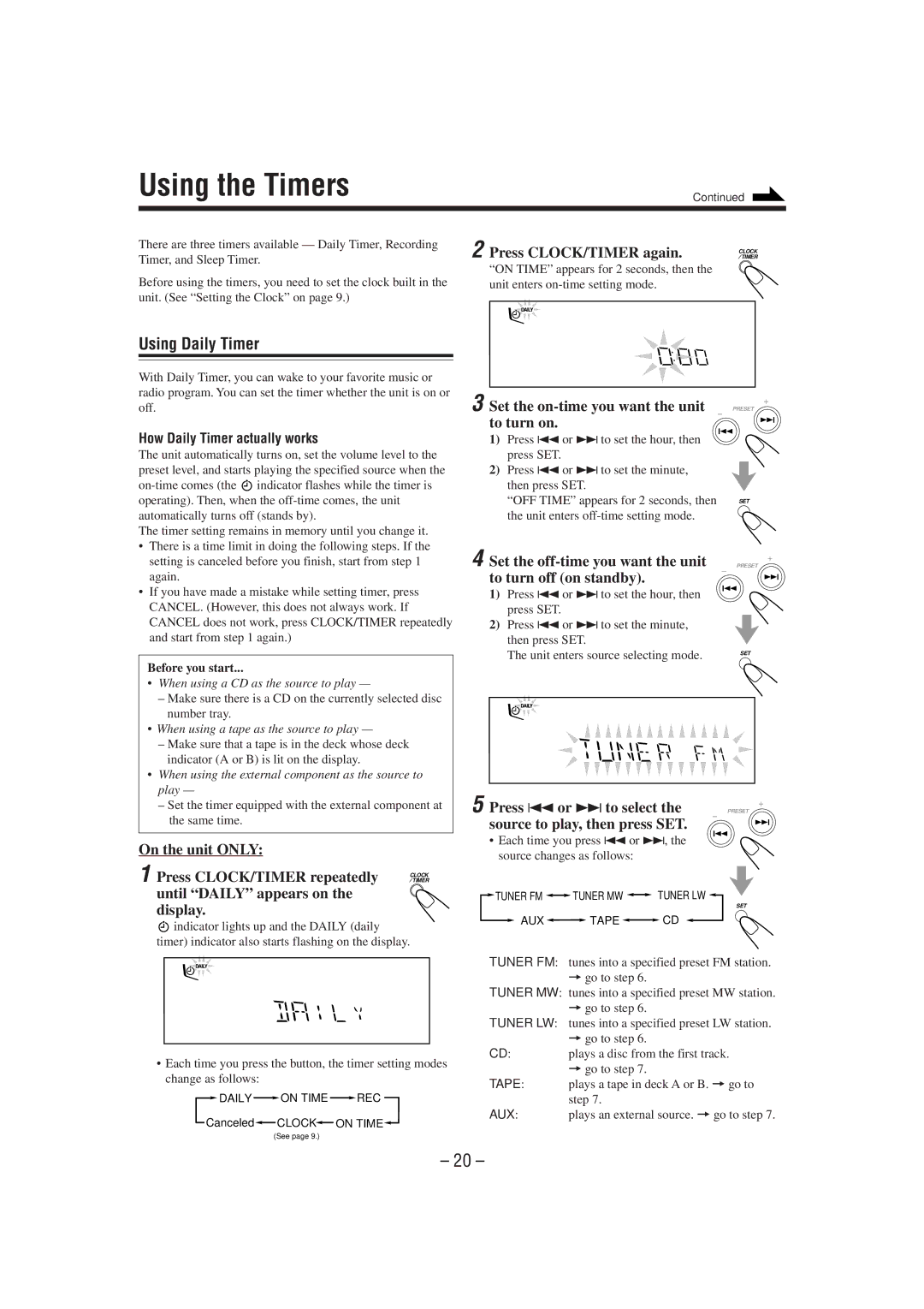 JVC CA-MXG51R manual Using the Timers, Using Daily Timer 