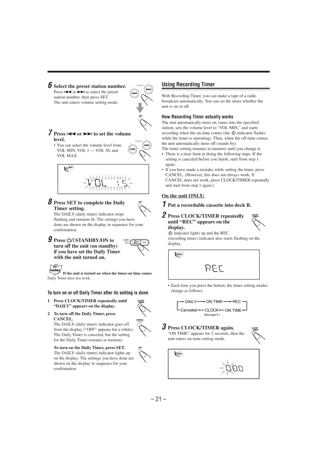 JVC CA-MXG51R manual Using Recording Timer, Press CLOCK/TIMER repeatedly, Press CLOCK/TIMER again 