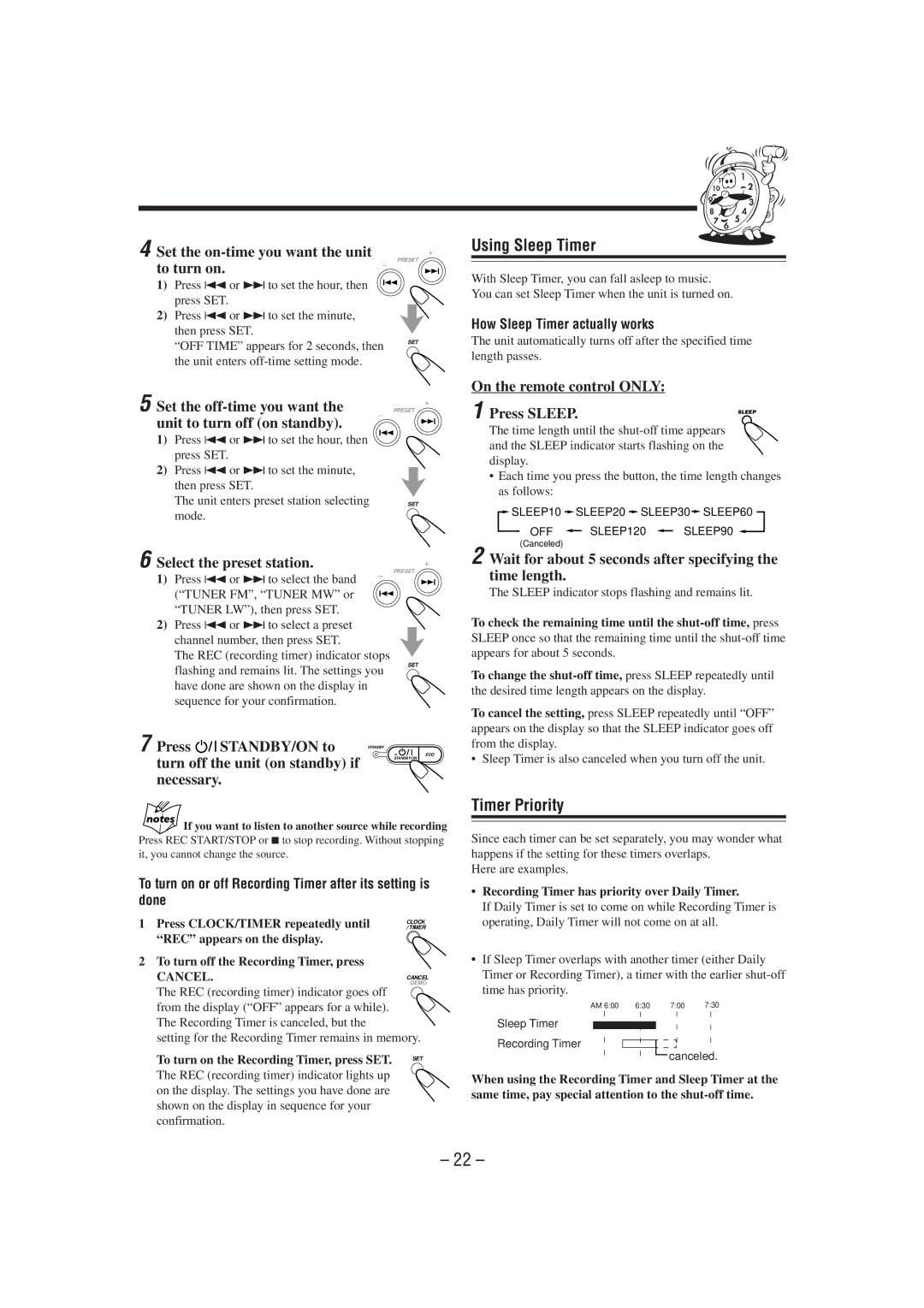 JVC CA-MXG51R manual Using Sleep Timer, Timer Priority 