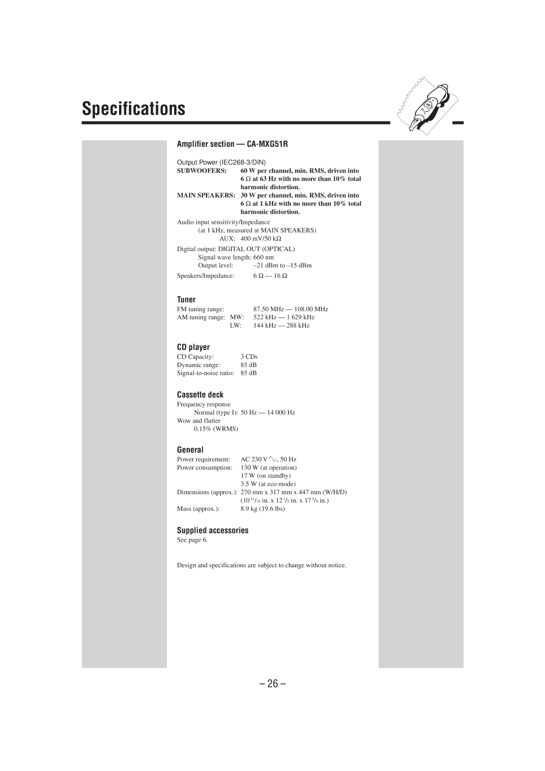 JVC CA-MXG51R manual Specifications 