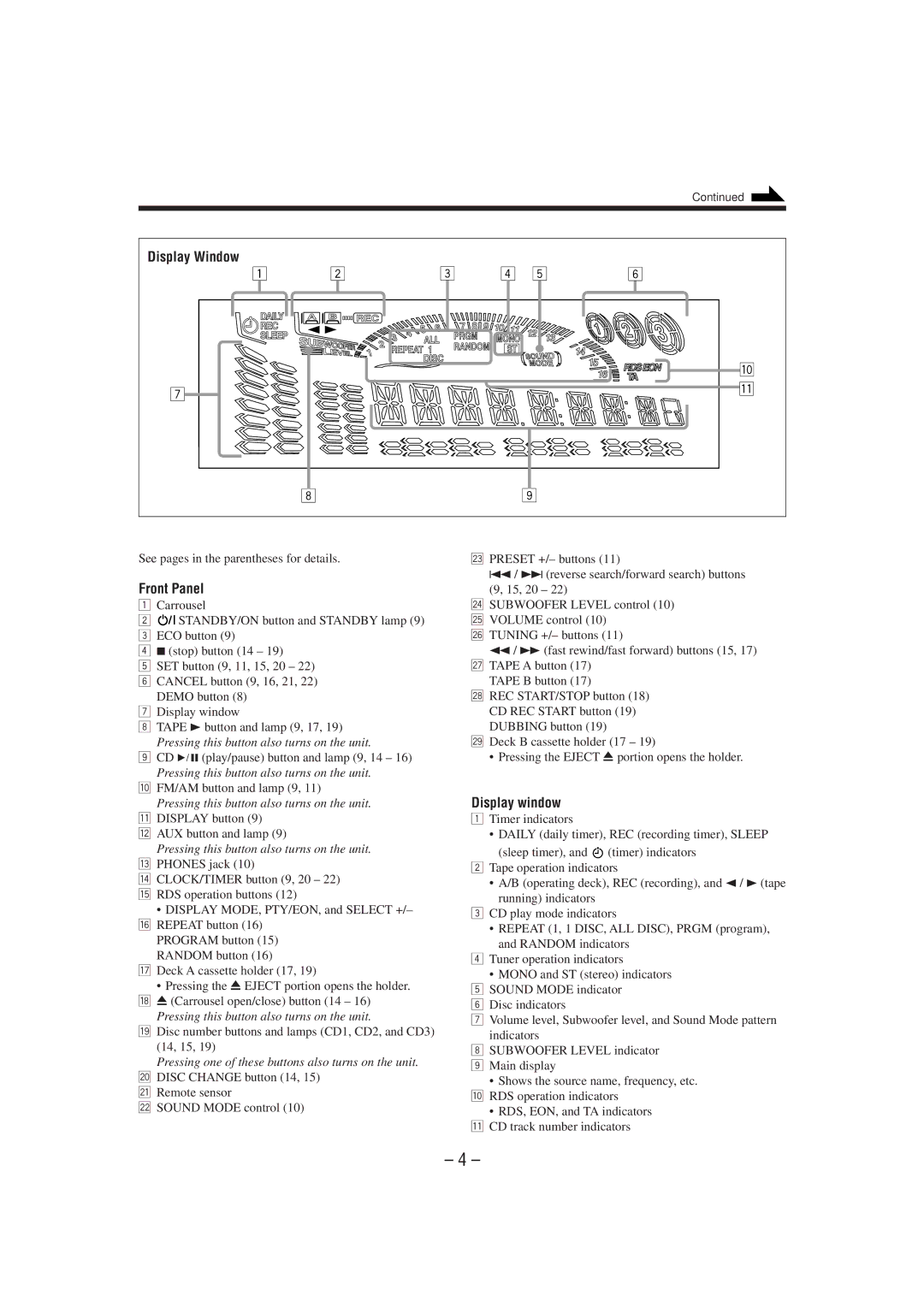 JVC CA-MXG51R manual Front Panel, Display window 