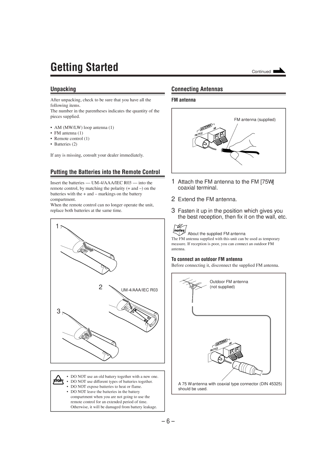 JVC CA-MXG51R manual Getting Started, Unpacking, Connecting Antennas, To connect an outdoor FM antenna 