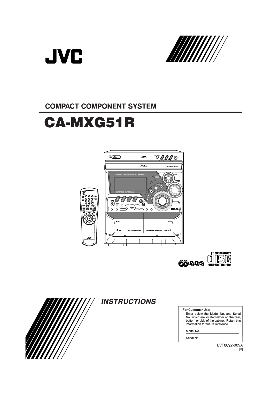 JVC CA-MXG51R manual Instructions, Compact Component System, LVT0692-009A, For Customer Use, Cd-R/Rwplayback, Preset 
