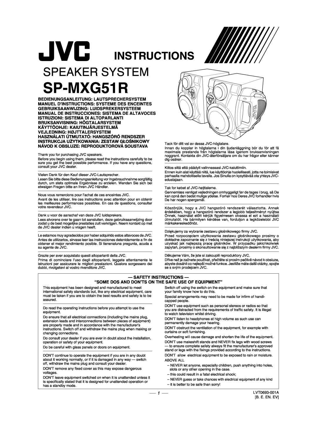 JVC CA-MXG51R manual Instructions, SP-MXG51R, Speaker System, Használati Útmutató Hangszóró Rendszer 